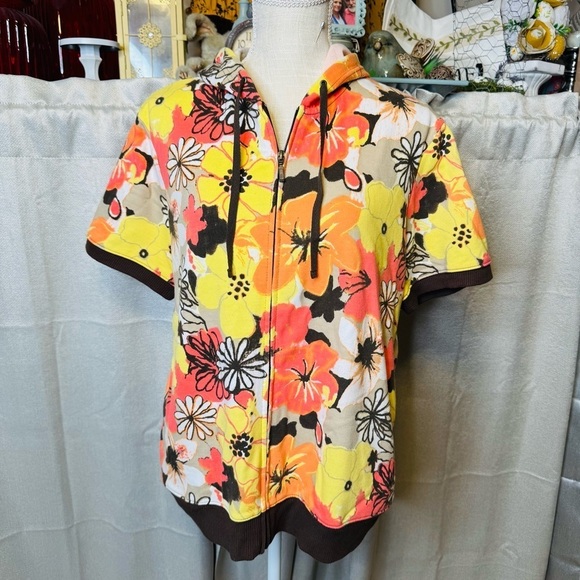 Cato Floral Zip-Up Hoodie - Yellow, Orange, Brown XL - Picture 2 of 11